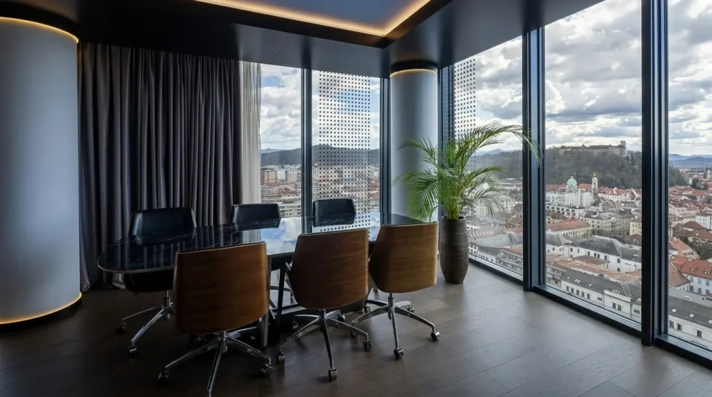 sala de reunião com vista para cidade