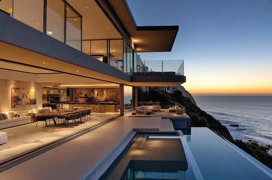 Casa contemporânea com grandes portas de vidro, terraço e piscina de borda infinita com vista para o mar ao pôr do sol.