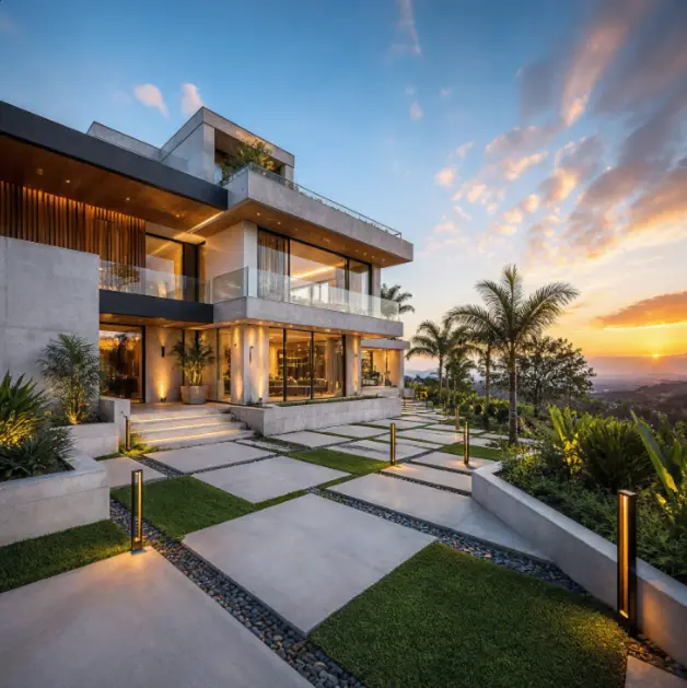 Fachada de casa contemporânea com varandas de vidro, jardim com palmeiras e caminho iluminado ao pôr do sol.