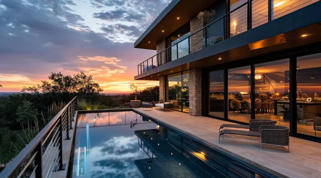 Casa contemporânea com piscina, varanda e grandes portas de vidro ao pôr do sol.