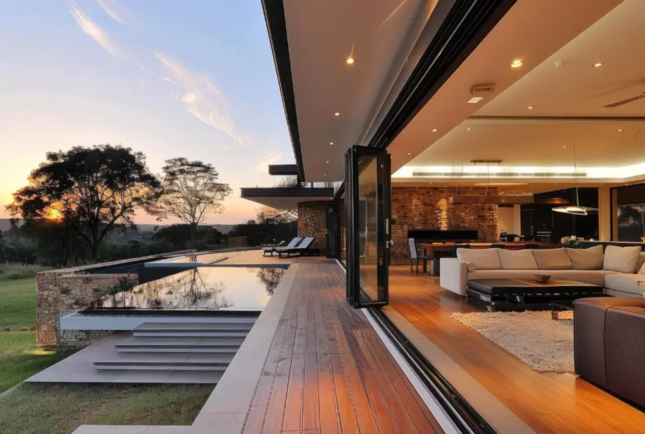 Sala de estar integrada ao deck de madeira com vista para o jardim ao pôr do sol.